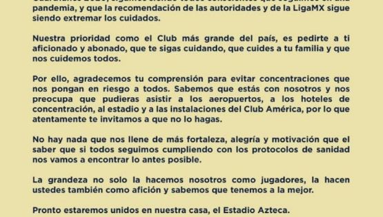 Comunicado Oficial del América Sobre el Regreso a la Actividad