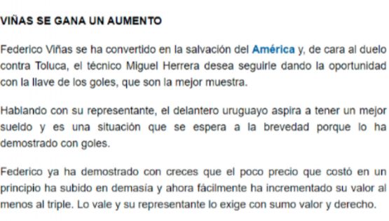 Se revela petición de Federico Viñas para El Club América