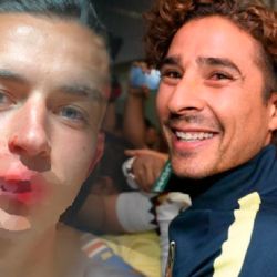 Memo Ochoa bromea con Álvaro Fidalgo por el codazo que recibió que le dejó una gran herida en la boca
