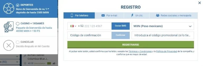Pantalla de registro 1xBet
