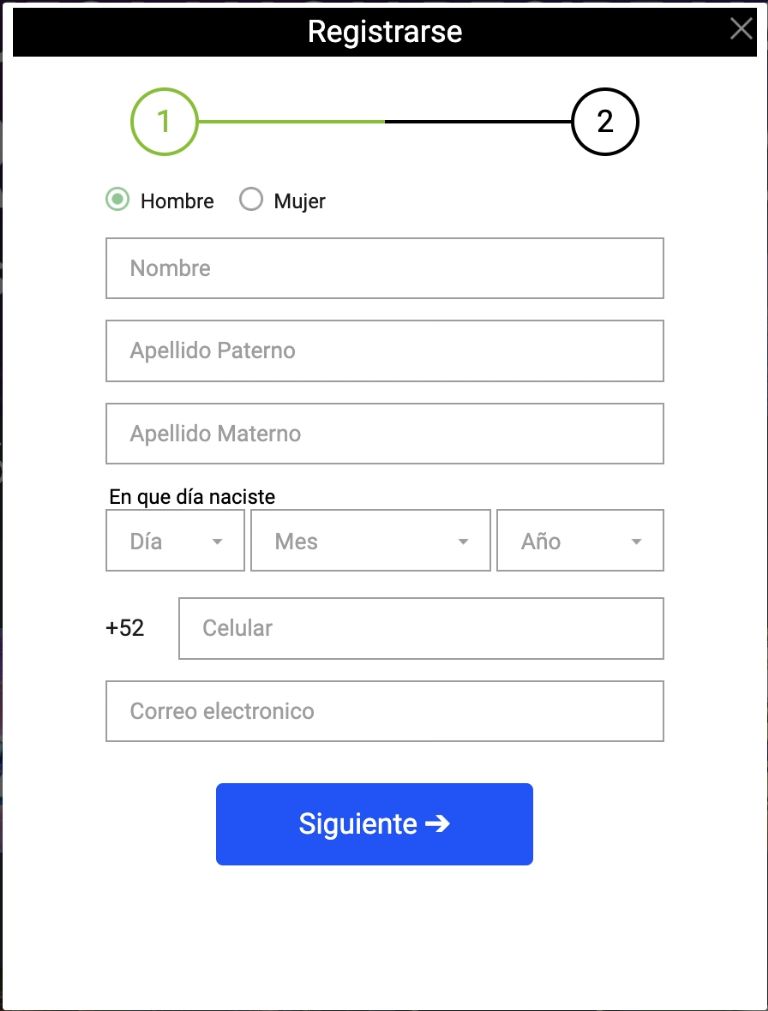 pantalla para hacer registro Codere