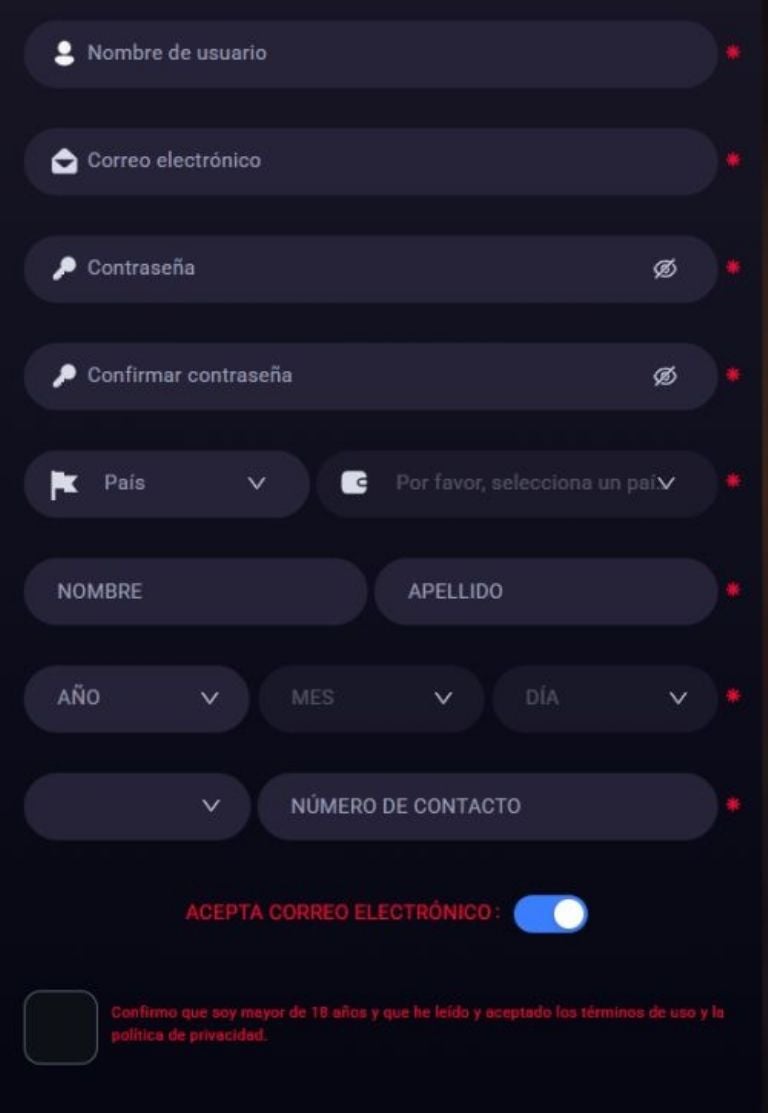 pantalla de registro para usar el código promocional Marsbet